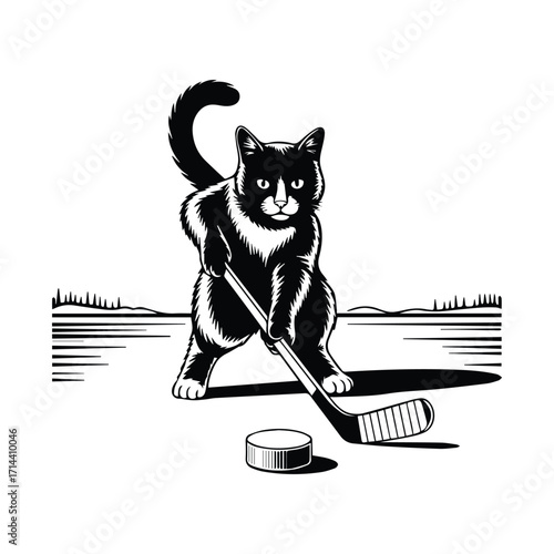 Black cat playing hockey with a puck and stick silhouette
