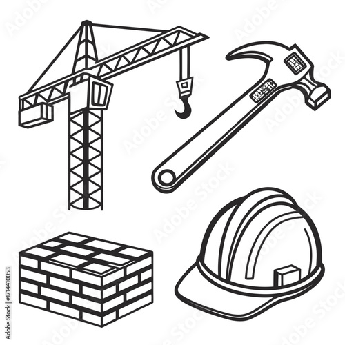 Construction elements including a tower crane hammer brick wall and hard hat in a simple line art isometric style on white background