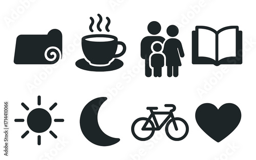 Daily life silhouette icons set. featuring folder, coffee, family, book, sun, moon, bike, heart