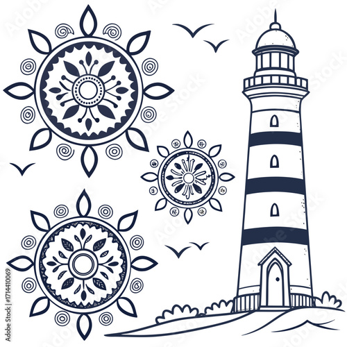 Lighthouse and nautical mandala vector set featuring a lighthouse, mandala designs, and birds, perfect for coastal and marine themed projects