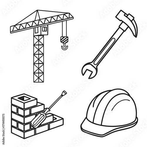 Construction site elements including a tower crane hammer wrench brick wall with trowel and hard hat presented as simple line art icons