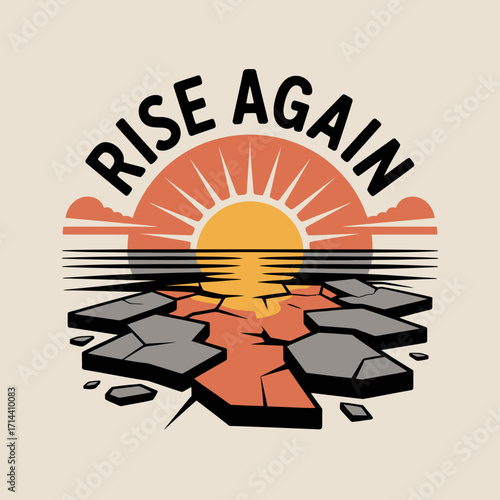 Stylized sunrise peeking over cracked earth symbolizing resilience and hope for a new beginning vector