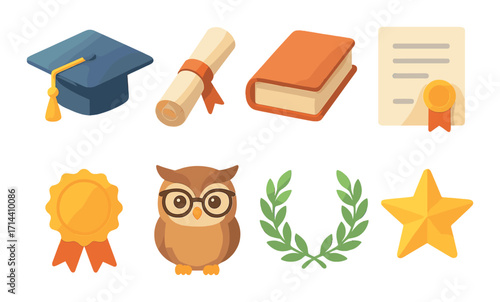 Education achievement flat icon set. featuring diploma, graduation cap, book, certificate, medal, owl, and star