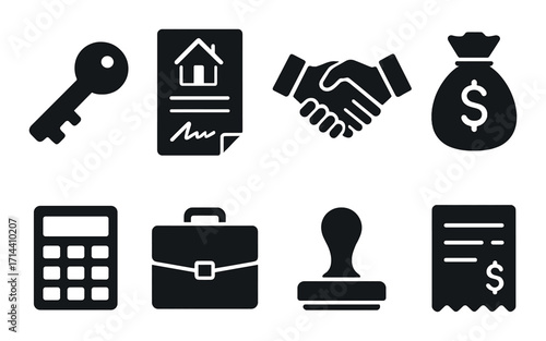 Real estate silhouette icon set. featuring key, contract, handshake, money bag, calculator, briefcase, stamp, invoice.