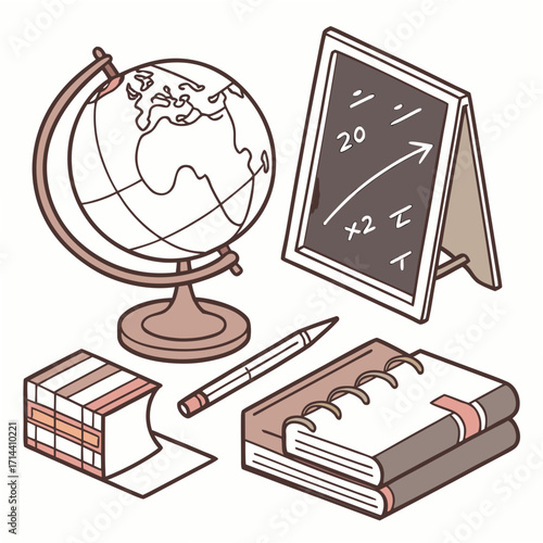 A charming collection of school supplies including a globe a chalkboard with math equations a notebook a pen and a stack of paper
