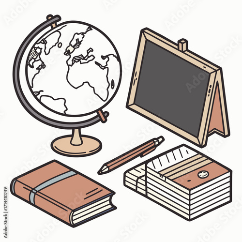A collection of educational items including a globe a small chalkboard a pen a book and a stack of papers arranged on a white background