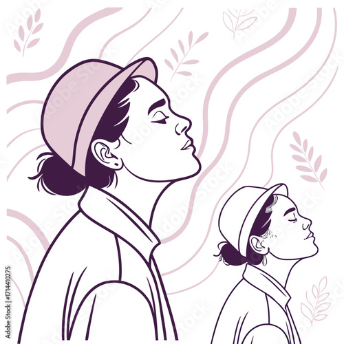 Contemplative woman in profile with closed eyes, surrounded by abstract lines and botanical elements, conveying a sense of peace and introspection in a modern, artistic style