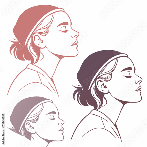 Elegant portrait of a woman in profile with closed eyes, showcasing delicate lines and soft gradients, capturing a serene and contemplative mood in a minimalist style