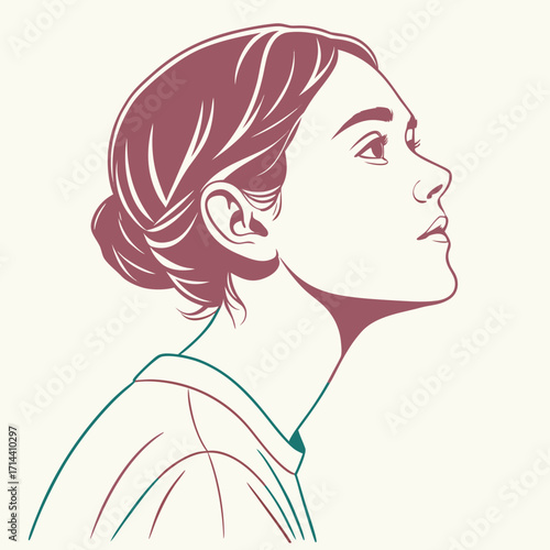 A young woman looking up a captivating portrait of a girl with her hair up, gazing upwards with a sense of wonder and curiosity, her expression thoughtful