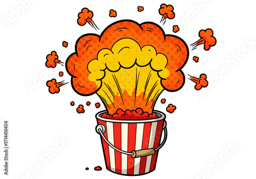 Cartoon Explosion Erupting from a Striped Bucket with Handle.