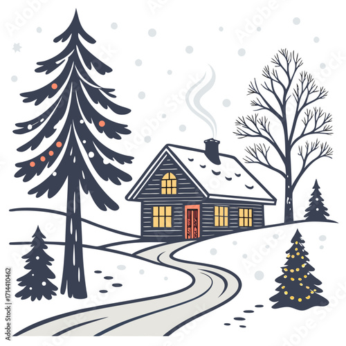 A cozy cabin nestled in a snowy winter landscape, surrounded by snowcovered trees and a winding path, creating a serene and inviting scene