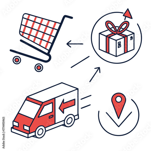 E commerce logistics process showing shopping cart delivery van package with gift ribbon and location pin icon representing online shopping fulfillment and delivery services