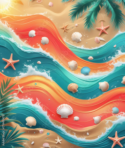 Vibrant ocean waves and sandy shore with seashells under the sun in a tropical paradise