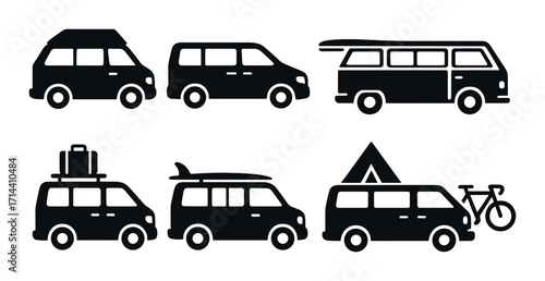 Camping and travel silhouette icon set. including van, luggage, surfboard, tent, and bicycle