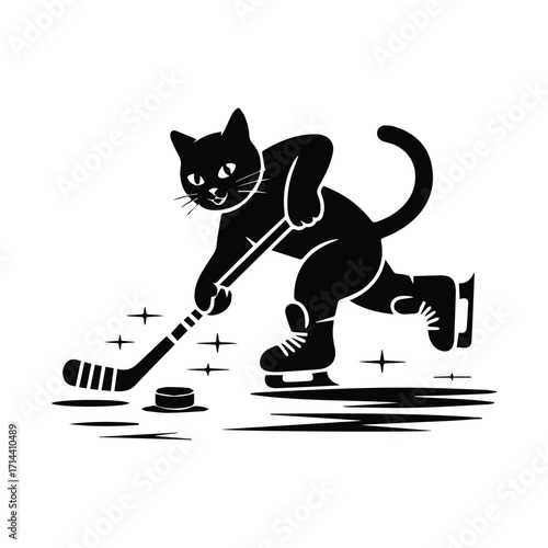 Playful black cat hockey player silhouette in action on ice