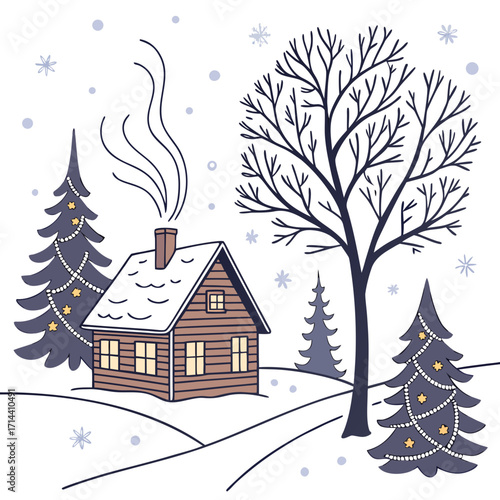 A charming winter scene featuring a cozy cabin with smoke rising from the chimney, surrounded by snowcovered trees and a serene landscape