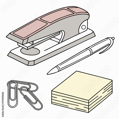 A collection of essential office supplies including a stapler pen paper clips and a stack of sticky notes on a white background
