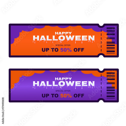 Two Halloween-themed discount tickets in orange and purple with bold spooky fonts. Each ticket advertises a special offer of up to 50% off, perfect for festive sales events.
