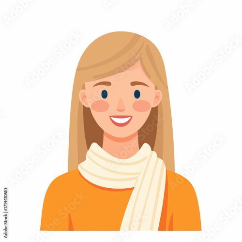 Cheerful blonde woman cartoon avatar with a friendly smile and warm expression, an approachable female character illustration ideal for user profiles, digital media, or graphic design projects