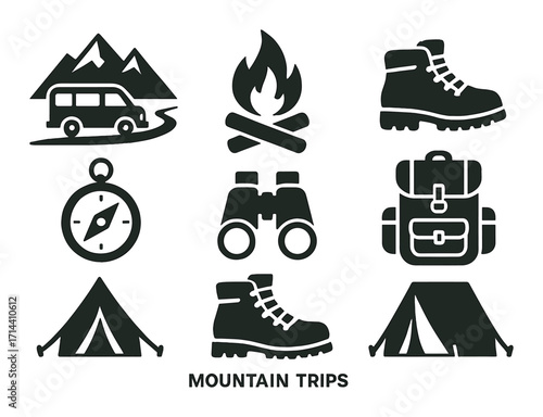 Camping and hiking linear icons set. includes van, campfire, boots, compass, binoculars, backpack, and tent symbols