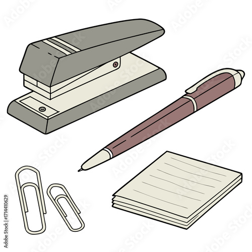 A collection of essential office supplies including a stapler pen paper clips and a notepad presented in a clean isometric illustration style