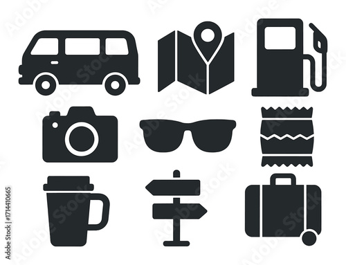 Travel adventure silhouette icon set. featuring van, map, gas pump, camera, sunglasses, cup, signpost, snack, luggage
