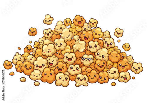 Cartoon Pile of Popcorn with Cute Facial Expressions and Varying Shades.