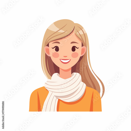Vector illustration of a happy young woman with long blonde hair wearing a cozy sweater and scarf, smiling cheerfully