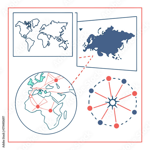 Global network concept with world map, eurasia map, and interconnected points, illustrating international connections and worldwide communication on