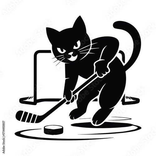 Playful black cat silhouette playing hockey with a puck and net silhouette