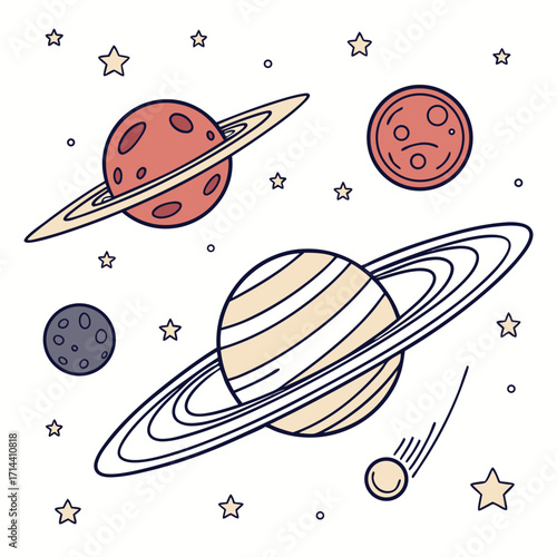 A charming cartoon illustration showcasing planets, stars, and a comet in a playful and colorful style, ideal for childrens designs and spacethemed projects