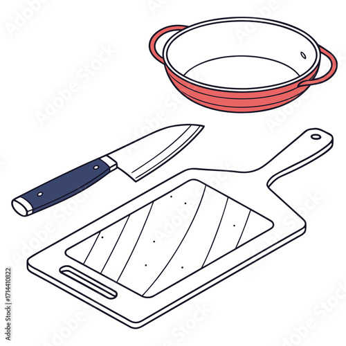 A simple line art illustration of a red cooking pot a knife with a blue handle and a wooden cutting board on a white background