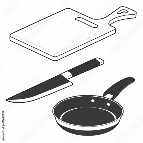 A clean isometric illustration of a kitchen cutting board a chef s knife and a frying pan on a white background
