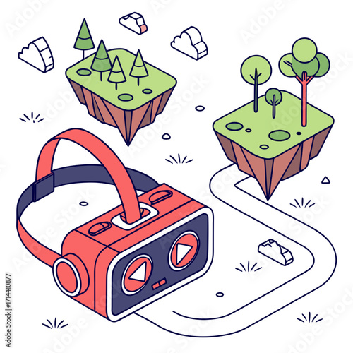 Immersive virtual reality headset exploring floating islands with trees and clouds in a stylized digital landscape
