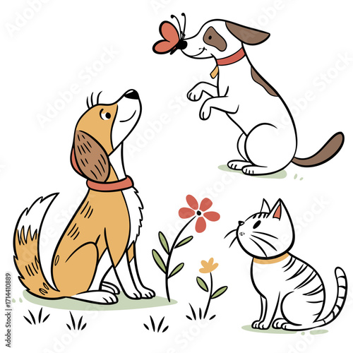 Delightful illustration showcasing two dogs and a cat interacting with nature, a butterfly and flowers, creating a playful and cheerful scene of companionship and joy