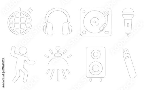 Party linear icon set. featuring disco ball, headphones, turntable, microphone, dancer, lamp, speaker, bottle opener