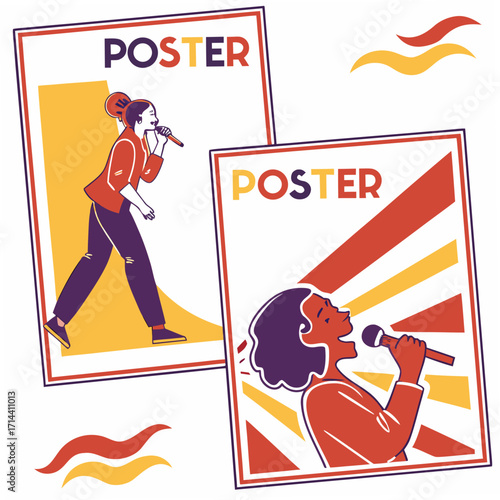 Two vibrant posters showcasing a singer with a microphone, perfect for promoting music events and capturing the energy of live performances