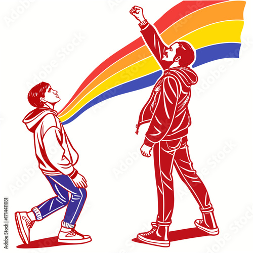 A vibrant illustration depicting a father and son standing proudly beneath a rainbow flag, symbolizing lgbtq pride and family support