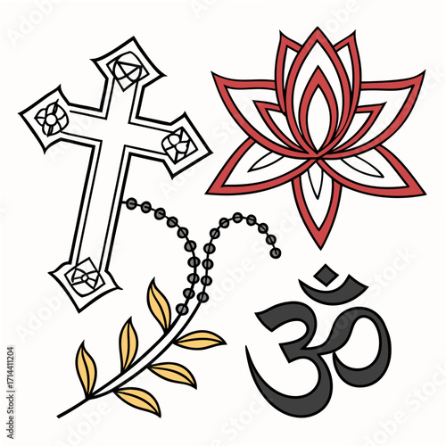 Collection of religious symbols cross, rosary, lotus flower, om symbol, representing diverse faiths, beliefs, and spiritual practices, vector art