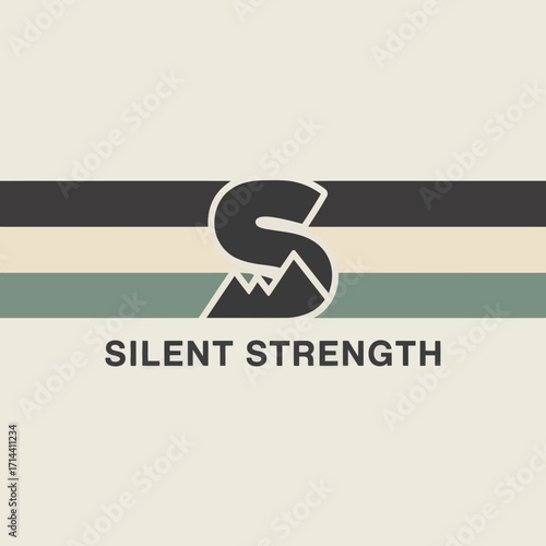 Modern minimalist s letter logo design with mountain silhouette and text 'silent strength' evoking adventure and resilience vector