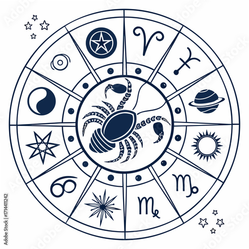 Zodiac wheel with cancer sign in the center, surrounded by other astrological symbols, stars, sun, moon, and planets a celestial chart for astrology
