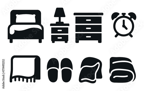 Bedroom essentials silhouette icon set. featuring bed, lamp, dresser, clock, blanket, slippers, and towel symbols