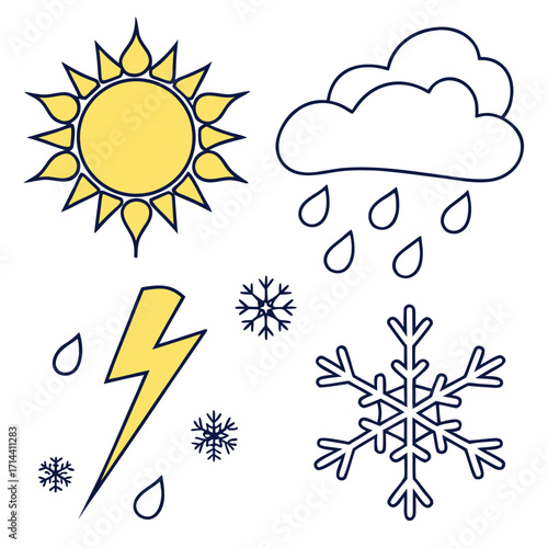 Collection of simple weather icons including sun rain cloud lightning bolt and snowflakes representing different atmospheric conditions and seasons