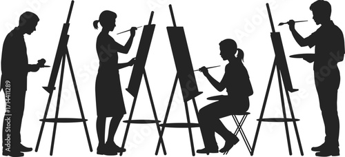 A creative group of diverse artists painting on easels, capturing a moment of artistic expression, inspiration, and focus in an art studio or class.