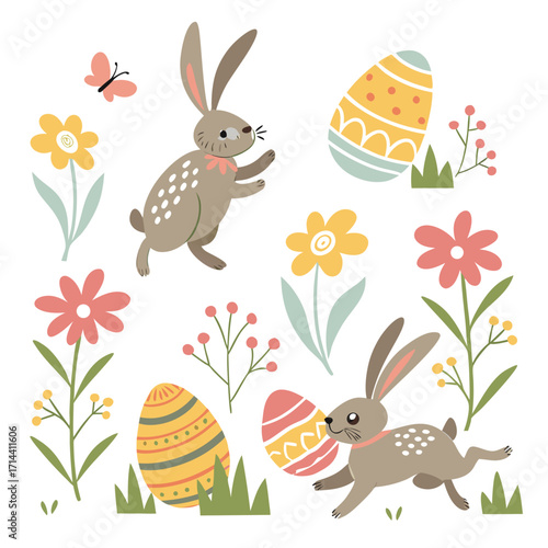Easter illustration featuring bunnies, eggs, flowers, and butterfly, a charming design for cards, decorations, and festive projects, conveying spring and joy
