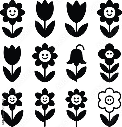 Black and white flower vector set spring floral icons cute flowers tulips daisy bellflower design elements