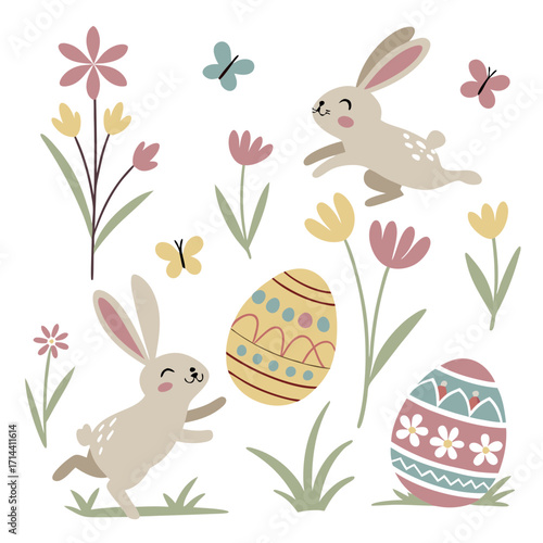 Delightful easter scene featuring playful bunnies, colorful easter eggs, and blooming flowers, capturing the joy and vibrancy of the spring holiday season