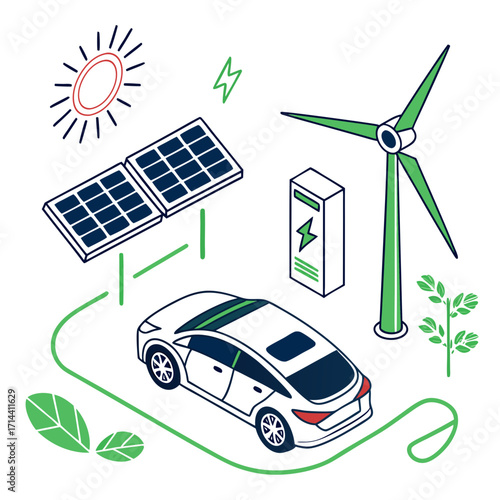 Illustration of a white electric car charging from solar panels and a wind turbine representing sustainable energy and eco friendly transportation concepts