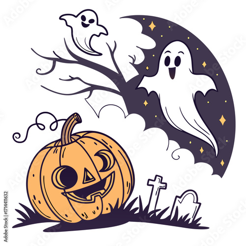 A spooky halloween night scene with a grinning pumpkin, two playful ghosts, a bare tree, and tombstones under a starry sky