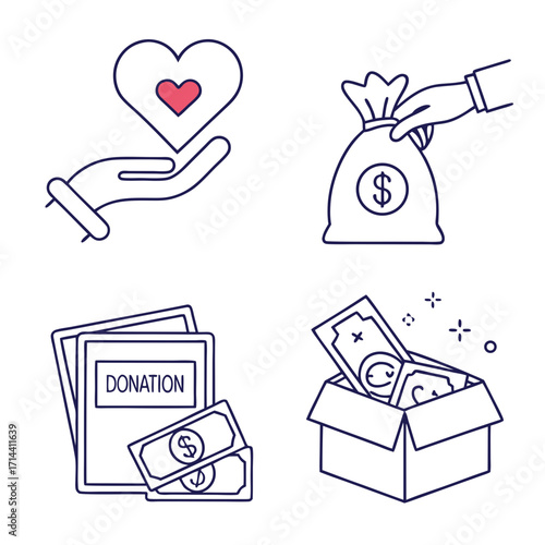 Collection of donation icons, featuring symbols of charity, fundraising, and support, ideal for conveying messages of generosity and community involvement